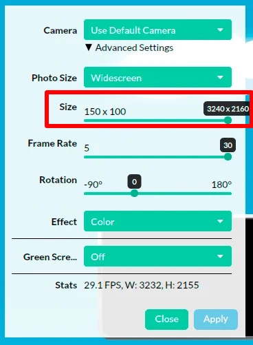 Sparkbooth camera settings with Size slider set to 4K resolution